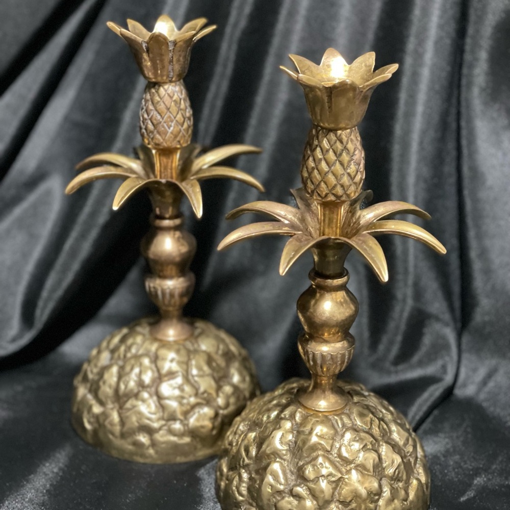 Vintage Mid Century Fritz Brass Company Pineapple Candlestick Holders 9" Set 2